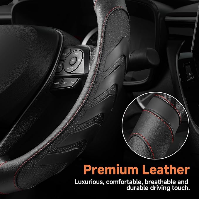 West Llama Truck Steering Wheel Cover for Ford F-150 F-250 F-350 Expedition Ram 1500 2500 3500 Tacoma Tundra, Anti-Slip Grip, 15.5-16 Inch Large Car Steering Wheel Cover (Large Size-Black+Red)
