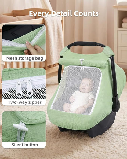 Rquite Car Seat Cover Baby Girl Boy, 100% Muslin Cotton Carseat Covers, Breathable Infant Windproof Canopy with Mesh Window, Stroller Sun Shade for Summer & Hot Day, Sage Green