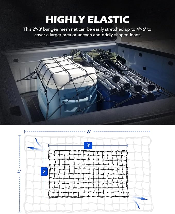 Orion Motor Tech 2'x3' Small Cargo Net with 2"x2" Small Mesh, 4x6 Foot Max Size Cargo Net for SUV Roof Rack Cargo Basket Net with Locking Carabiners, Ratchet Strap, Roof Rack Net