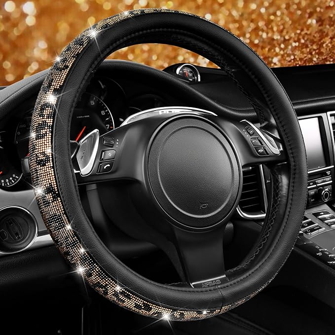 CAR PASS Bling Diamond Steering Wheel Cover Leopard Pattern, Sparkly Crystal Glitter Rhinestones Black Leather Wheel Protect for Women Girl Fit Suvs,Vans,Sedans,Cars,Trucks, 14" 1/2-15" Gold Leopard