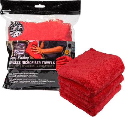 Chemical Guys Happy Ending Edgeless Microfiber Towels 16 x 16 Inch Premium Plush Detailing Cloths for Wax Buffing Polish Sealant Interior and Exterior Car Care 3 Pack