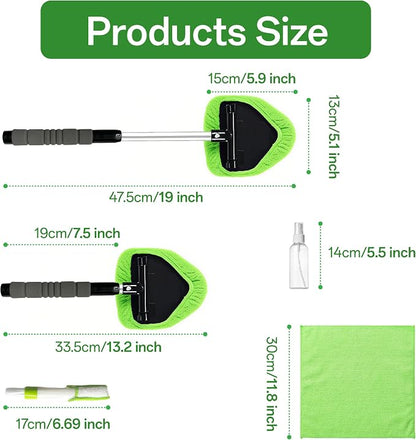 Windshield Cleaner Tool with Extendable Handle, Car Window Cleaning Kit for Inside & Outside Glass, Includes Microfiber Pads, Brush & Bottle (7 Pcs, Green)