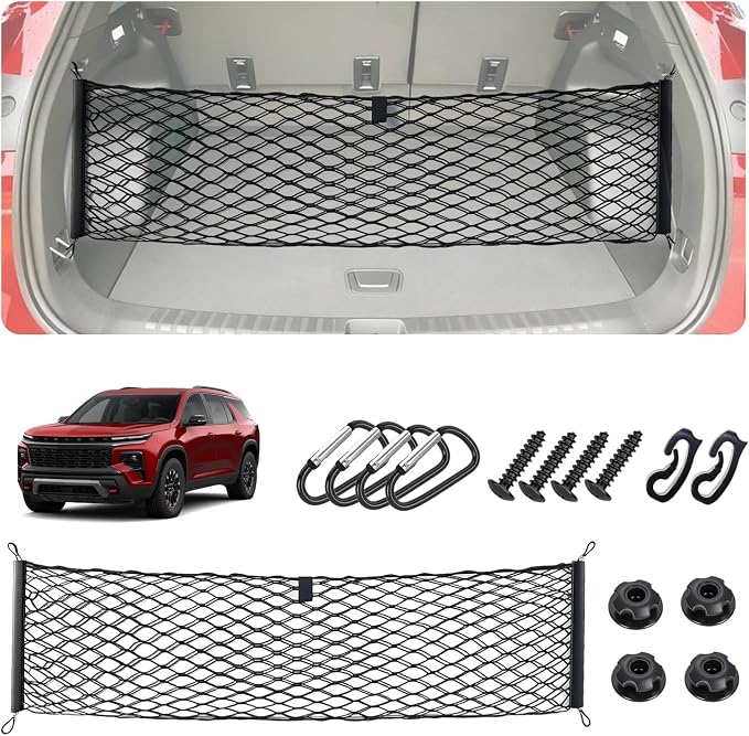 Envelope Style Cargo Net for 2018-2025 2026 Chevy Traverse Accessories, Rear Trunk SUV Mesh Cargo Net, Upgraded 5mm Bungee & Double-Layer Nylon Storage Tailgate Netting Grocery&Tools Holder Organizer