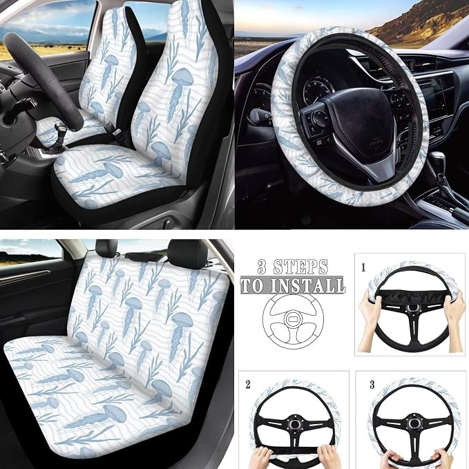 Jellyfish 10 Piece Car Accessories Set, Mediterranean Toile Jellyfish Universal Steering Wheel Cover Ocean Creature Rural Front Seat and Rear Bench Decor Truck SUV Sedan