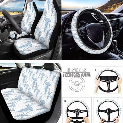 Jellyfish 10 Piece Car Accessories Set, Mediterranean Toile Jellyfish Universal Steering Wheel Cover Ocean Creature Rural Front Seat and Rear Bench Decor Truck SUV Sedan