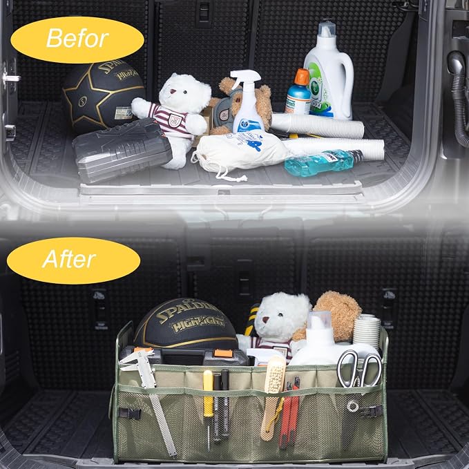 JiatuA Car Trunk Organizer, Car Organizers and Storage Collapsible Multi Compartment Container Box, Adjustable Car Accessories for SUV Sedan Truck, Standard Size, Green