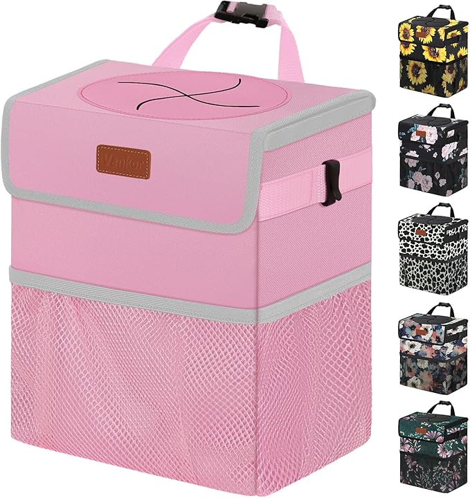 Vankor 3 Gallons Car Trash Can with Lid, Car Trash Bag Bin Hanging Waterproof Automotive Garbage Cans Leak Proof Vehicle Trash Can Pink