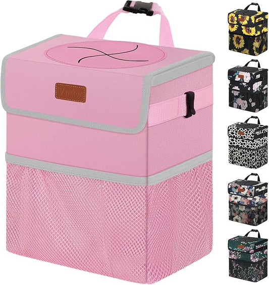 Vankor 3 Gallons Car Trash Can with Lid, Car Trash Bag Bin Hanging Waterproof Automotive Garbage Cans Leak Proof Vehicle Trash Can Pink
