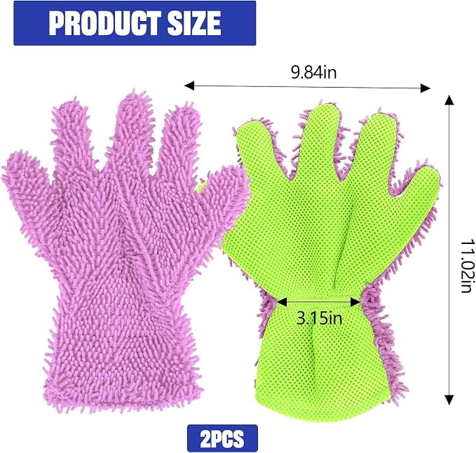2PCS Car Wash Mitt, 5 Finger Chenille Microfiber Cleaning Mitt for Cars, Scratch-Free Auto Washing Gloves, Car Interior Exterior Cleaning Gloves, Great for Hard-to-Reach Areas (Purple)