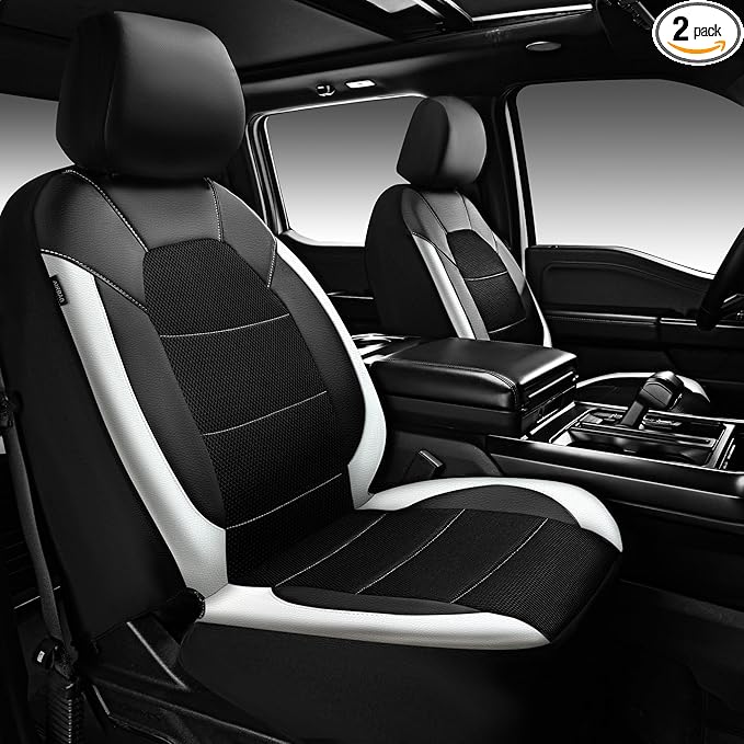 CAR PASS Universal Front Leather Car Seat Covers with Sporty Design, Breathable All Season Easy to Clean Anti-Slip Wear-Resistant Automotive Seat Covers Fit for Most Cars, SUVs, Trucks, Black & White