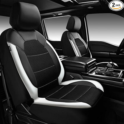 CAR PASS Universal Front Leather Car Seat Covers with Sporty Design, Breathable All Season Easy to Clean Anti-Slip Wear-Resistant Automotive Seat Covers Fit for Most Cars, SUVs, Trucks, Black & White