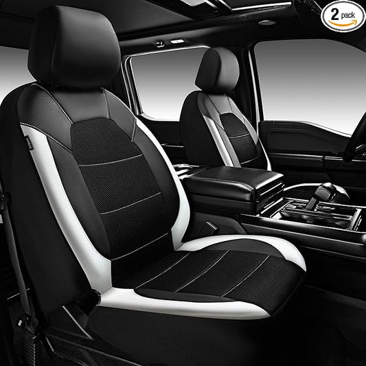CAR PASS Universal Front Leather Car Seat Covers with Sporty Design, Breathable All Season Easy to Clean Anti-Slip Wear-Resistant Automotive Seat Covers Fit for Most Cars, SUVs, Trucks, Black & White