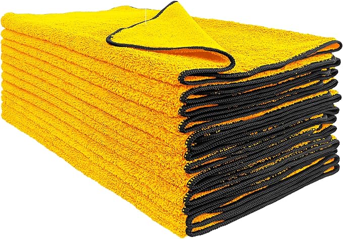 Detailer's Preference Dual Pile 400 GSM Microfiber Towels with Black Trim, All-Purpose Terry Weave Cleaning Cloths for Auto, Home, Boat, Scratch-Free & Reusable, 16x24 Inches, 12-Pack