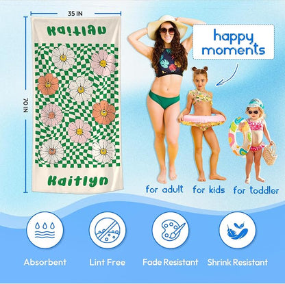 JML Personalized Beach Towel with Name, Custom Flower Beach Towel, Customized Microfiber Pool Towel, Quick Dry & Absorbent Swim Towel for Adult,Mother's Day, Birthday, Summer Holiday,Vacation