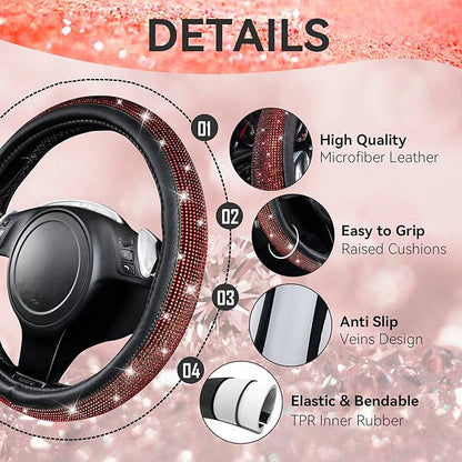 CAR PASS 11 PCS Bling Red Steering Wheel Cover Set for Women, Sparkly Rhinestone Diamond Bling Seat Belt Cushion, Glitter Shift Knob Cover, Car Cup Holder Coaster, Cute Interior Sets Red 14.5"-15"