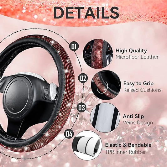 CAR PASS 11 PCS Bling Red Steering Wheel Cover Set for Women, Sparkly Rhinestone Diamond Bling Seat Belt Cushion, Glitter Shift Knob Cover, Car Cup Holder Coaster, Cute Interior Sets Red 14.5"-15"