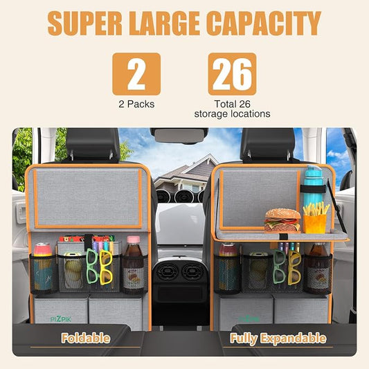 Plzpik Car Backseat Organizer with Tablet Holder,11 Storage Pockets with Foldable Food Tray, Protector Kick Mats for Kids, Travel Accessories Organizer (Orange, 2Pack)