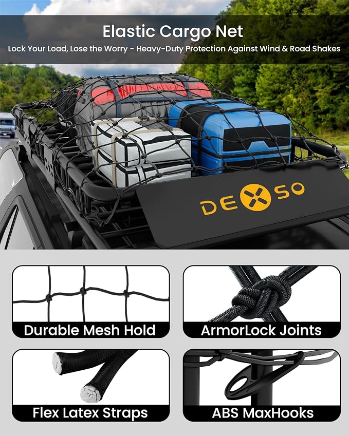 DEXSO Universal Roof Rack Basket with Cargo Net, 64" x 39" Rooftop Cargo Carrier Basket, 200 Lbs Capacity Car Cargo Rack, Heavy Duty Luggage Rack for SUVs, Trucks, Vehicles