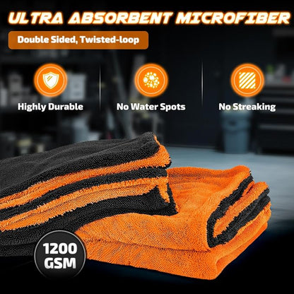 SMINDER 2-Pack 1200 GSM Car Drying Towels – Microfiber Towels for Cars (36" x 24"), Ultra-Absorbent, Streak-Free, Scratch-Free, No Water Spots, Double-Twist Pile & Edgeless Design(Orange)
