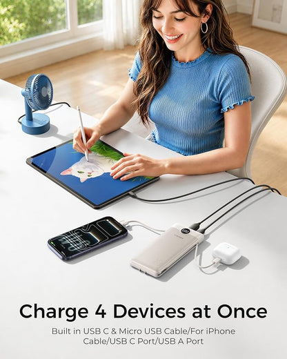 VEGER Portable Charger with Built-in AC Plug and Cables, All in One 10000mAh Ultra Slim Power Bank Emergency Fast Charging for Travel Battery Pack Compatible with iPhone, Samsung, Android, Coffee