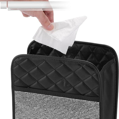 1 Pcs Universal Car Trash Can Hanging 10.2" Length 3.5" Width 10.2" Height Trash Bin Silver Tone Black Faux Leather Rhinestone