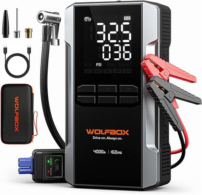 WOLFBOX MV24A 4000A Jump Starter with 160PSI Air Compressor, 12V Car Battery Booster, 88.8Wh Portable Jump Box (10L Gas/10L Diesel) with 65W Fast Charging, Tire Inflator, Jumper Cables, LED Light