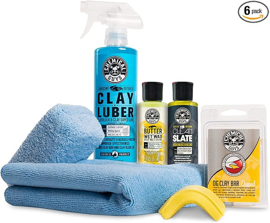 Chemical Guys Clay Bar Kit - Complete System - Clay Bar and Luber Combo with Accessories for Smooth Paint Finish - Removes Embedded Dirt, Overspray, and Fallout - 6 Item Kit