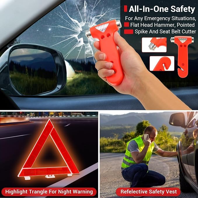 Car Emergency Kit with Jumper Cables, Roadside Safety Emergency Car Kit for Vehicle Truck Motorcycle - Gifts for Men Women Teenagers, Easy Storage(Black)