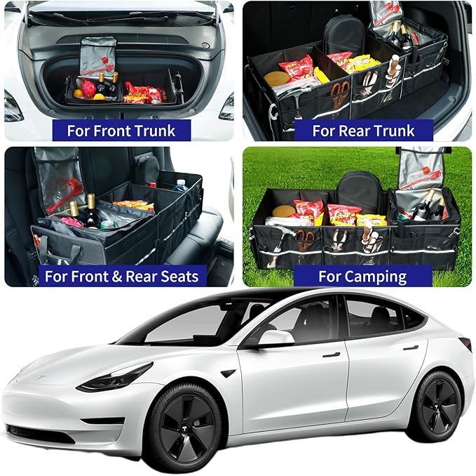 Front Trunk Organizer with Leakproof Cooler Bag for Tesla Model Y Model 3 2017-2025, Frunk Storage Collapsible Container Box Compatible with Front Rear Trunk Seats for Accessories, Black