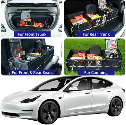 Front Trunk Organizer with Leakproof Cooler Bag for Tesla Model Y Model 3 2017-2025, Frunk Storage Collapsible Container Box Compatible with Front Rear Trunk Seats for Accessories, Black