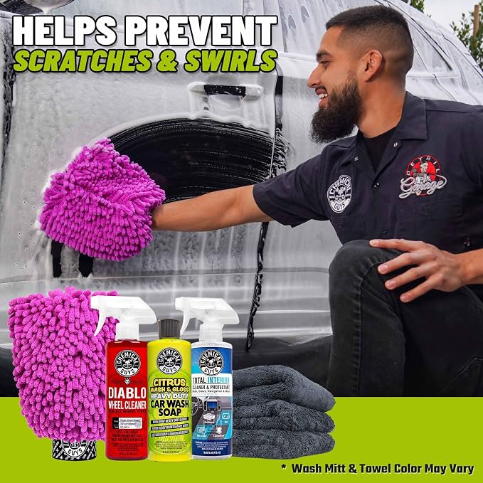 Chemical Guys Car Cleaning Kit - with Car Wash Soap, Wheel Cleaner, Total Interior, Car Wash Mitt - Interior and Exterior Wash Kit with Vehicle Cleaning and Detailing Accessories - 7 Item Kit