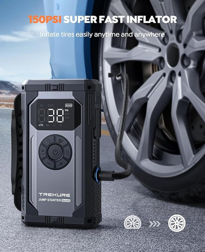 TREKURE 8-in-1 Jump Starter with Air Compressor 6000A 150PSI Portable Car Battery Jump Starter (All Gas/10L Diesel), 12V Jump Box Car Battery Jumper Starter Portable with Jumper Cables, Lights