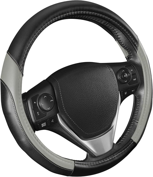 Motor Trend SportDrive Faux Leather Steering Wheel Cover, Standard 15 inch Size, Two-Tone Black & Light Gray, Car Steering Wheel Cover for Truck Van SUV Auto