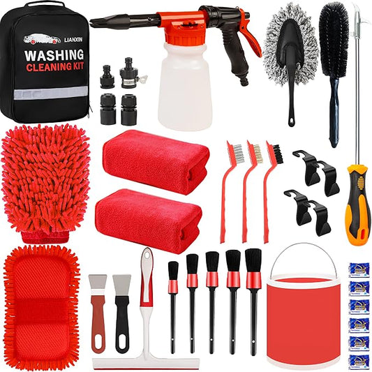 LIANXIN Car Wash Kit with Foam Gun, Car Cleaning, Car Wash Detailing Kit | Car Washing Kit High-Pressure Foam Spray Microfiber Collapsible Bucket Cleaning Detailing Brush Ideal for Home Car Detailing