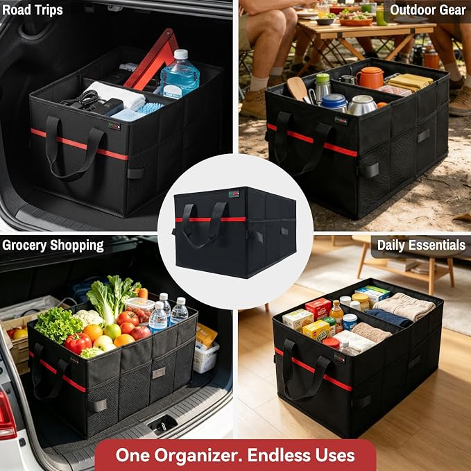 PAT SAM'S Car Trunk Organizer for SUV, Foldable Collapsible Storage Organizer with Dividers, Non-Slip Waterproof 600D Oxford, Backseat & Trunk Storage for Groceries, Tools, Toys (Black)