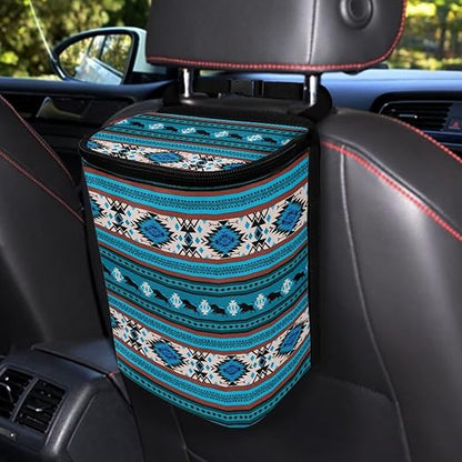 Aztec Tribal and Cattle Pattern Car Trash Can with Lid and Zipper Portable Foldable Ethnic Style Trash Bin for Car Interior Accessories Multipurpose Garbage Can Bags Storage Organizer