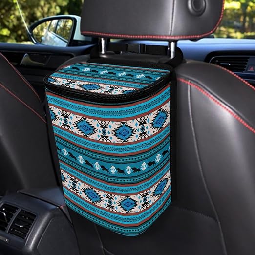Aztec Tribal and Cattle Pattern Car Trash Can with Lid and Zipper Portable Foldable Ethnic Style Trash Bin for Car Interior Accessories Multipurpose Garbage Can Bags Storage Organizer
