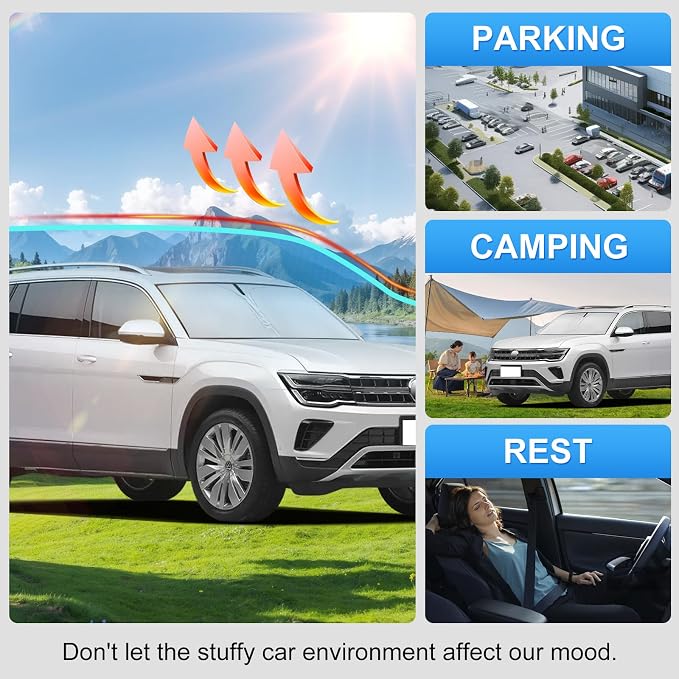 Custom Fit Windshield Sun Shade for Volkswagen VW Atlas 2018-2026 | Custom Fit Windshield Cover, Blocks UV Rays, Double-Layer Heat Shield, Durable Frame, Easy Fold & Storage