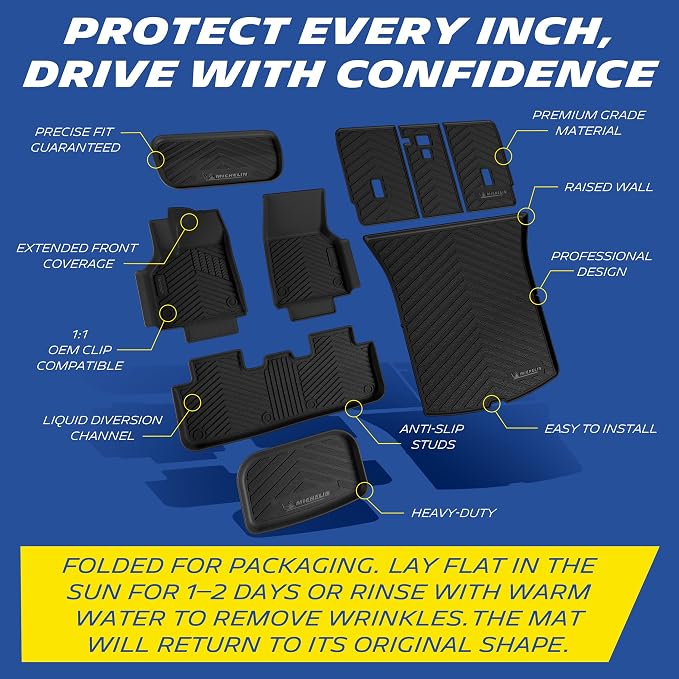 Michelin Vehicle Mat, All-Weather TPE Custom Fit Liner for Tesla Model Y 5 Seat Floor Mats 2025-2027 (9 Piece), Premier