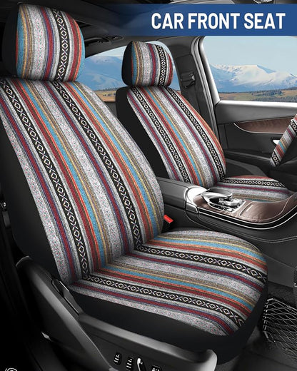 Baja Saddle Blanket Car Seat Covers Front Set with Seat Belt Pads, Washable Breathable Striped Woven Cloth Seat Covers for Cars, SUV, Truck, Airbag Compatible(Red)