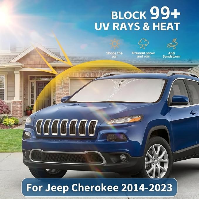 Custom Fit Windshield Sun Shade for Jeep Cherokee 2014-2023, 4-Layer 240T Front Window Visor, Foldable UV Ray Blocker, Car Accessories