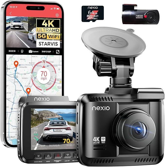 NEXIO N5Pro 4K Dual Dash Cam Front and Rear, WiFi 6 Fast Transfer, Free 64GB Card, GPS, ADAS Safety Alerts, Night Vision, 24H Parking Surveillance, Supercapacitor, App Control, Dash Camera for Cars