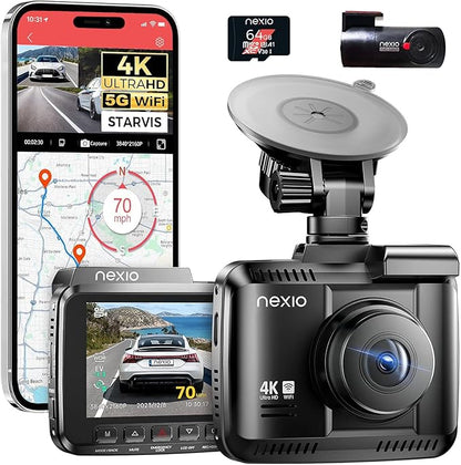 NEXIO N5Pro 4K Dual Dash Cam Front and Rear, WiFi 6 Fast Transfer, Free 64GB Card, GPS, ADAS Safety Alerts, Night Vision, 24H Parking Surveillance, Supercapacitor, App Control, Dash Camera for Cars