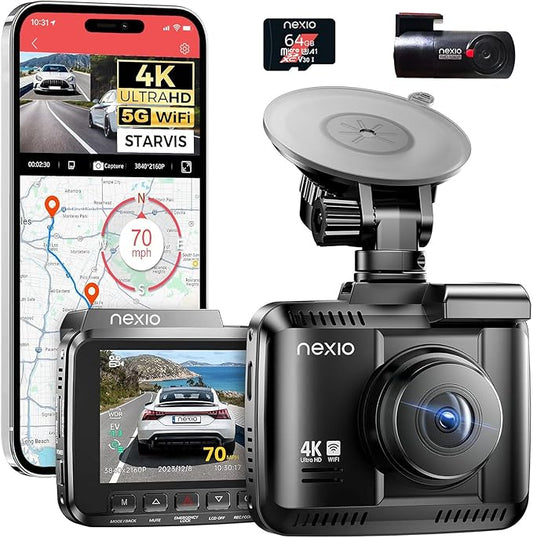 NEXIO N5Pro 4K Dual Dash Cam Front and Rear, WiFi 6 Fast Transfer, Free 64GB Card, GPS, ADAS Safety Alerts, Night Vision, 24H Parking Surveillance, Supercapacitor, App Control, Dash Camera for Cars