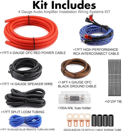 4 Gauge OFC Car Amplifier Wiring Kit 3000W - Fits Most Standard Amp Terminals | Complete with All Cables for Power, Ground, RCA & Speakers | Ideal for Car Stereo & Sub Upgrades