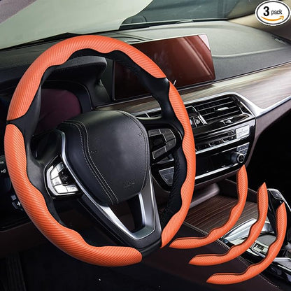WOCOCN 3pcs Car Steering Wheel Cover,Anti-Skid Carbon Fiber Steering Wheel Protector for Men Women,Multiple Color Options,Universal for Most Car Interiors Accessories (Orange 3PCS)