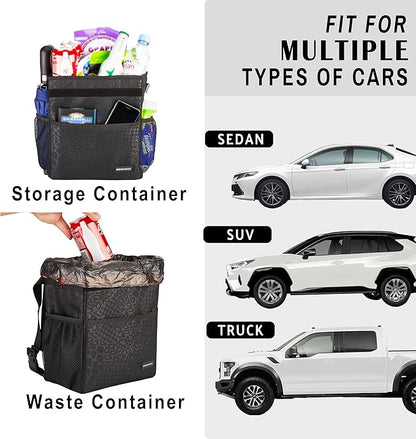 SIBOFUEGO Cute Car Trash Can with Lid – Multipurpose Collapsible Trash Bin for Car, Leak-Proof Organizer, Waterproof Garbage Can with Storage Pockets & Adjustable Straps, 2 Gallons (Black Leopard)