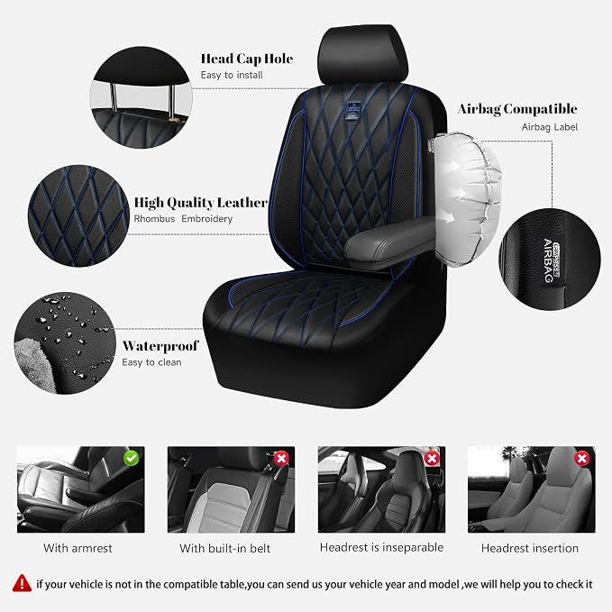 CAR PASS Piping Luxury Leather Seat Covers Full Set,5 Seats Anti-Slip Waterproof Seat Covers Compatible with Front Armrests,Universal Fit for Sendan SUV Van Truck,Airbag Compatible,Black and Blue