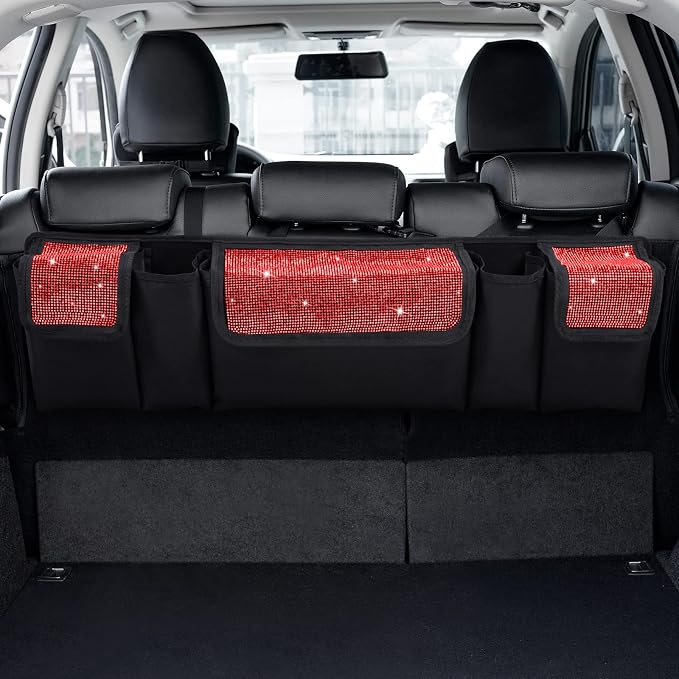 eing Car Trunk Organizer and Storage, Backseat Hanging Organizer for SUV, Truck, MPV, Waterproof, Collapsible Cargo Storage Bag with 5 Pockets, Bling Car Interior Accessories for Women,Red