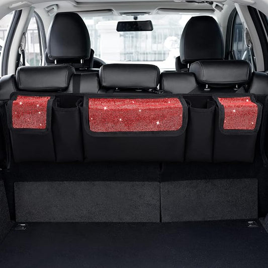 eing Car Trunk Organizer and Storage, Backseat Hanging Organizer for SUV, Truck, MPV, Waterproof, Collapsible Cargo Storage Bag with 5 Pockets, Bling Car Interior Accessories for Women,Red